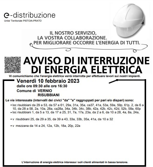 Interruzione energia elettrica venerdì 10 febbraio in località Risubbiani
